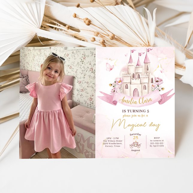 Pink Fairytale Princess Castle Girl Birthday Photo Invitation (Creator Uploaded)