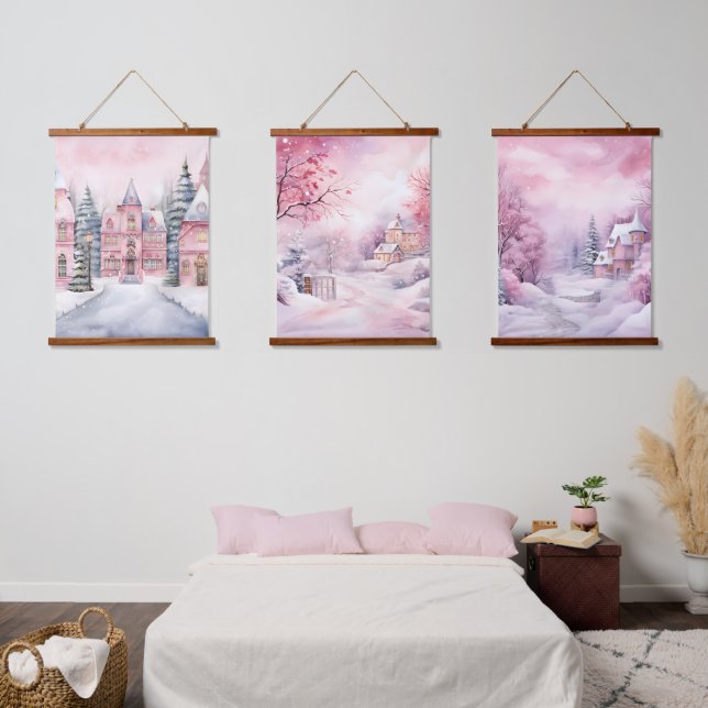 Pink Fairytale Winter Wonderland Hanging Tapestry (Bedroom)