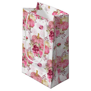 PINK FALL AUTUMN PUMPKINS & WATERCOLOR FLOWERS SMALL GIFT BAG