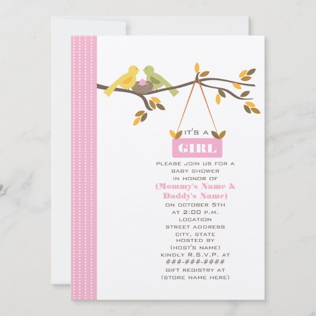 Pink Fall Baby Shower Mummy & Daddy Birds & Nest Invitation (Front)