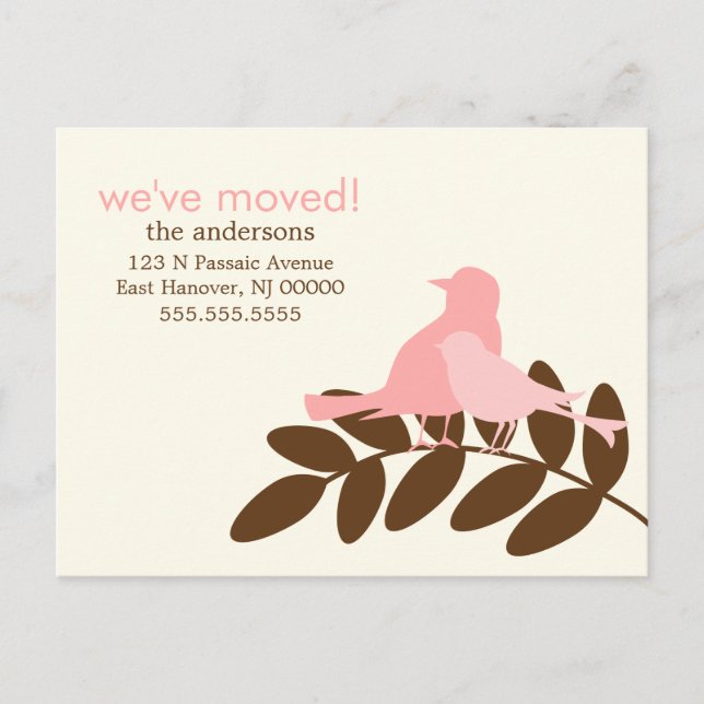 Pink Fall Birds New Address Announcements (Front)