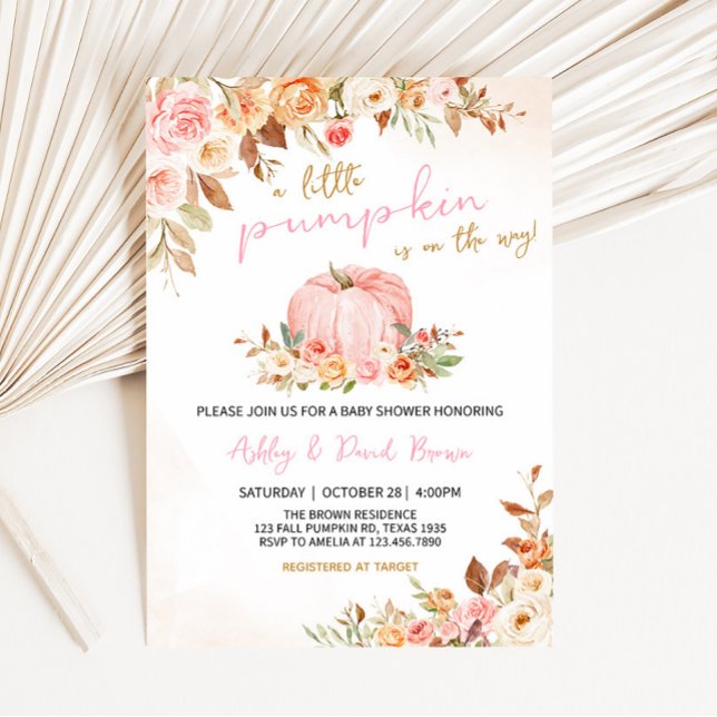 Pink Fall Floral Pumpkin Baby Shower  Invitation (Girl Autumn Baby Shower Invitation)