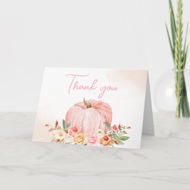 Pink Fall Floral Pumpkin Baby Shower  Thank You Card (Front)