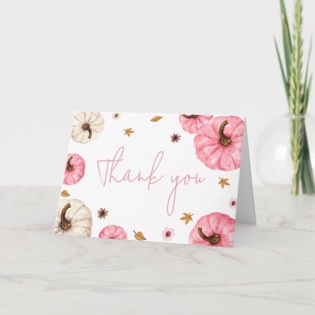 Pink Fall Little Pumpkin Baby Shower Thank You Card (Front)
