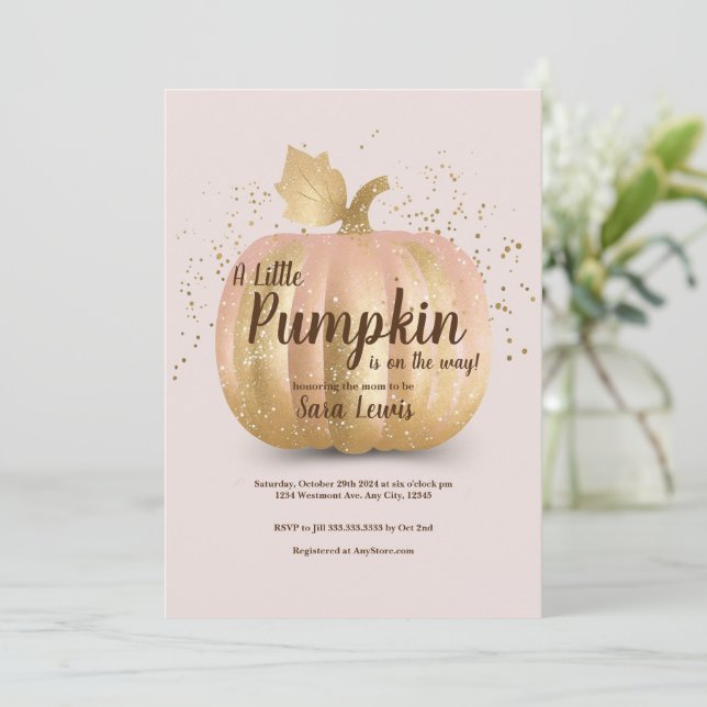 Pink fall pumpkin baby shower gold pumpkin invitation (Standing Front)