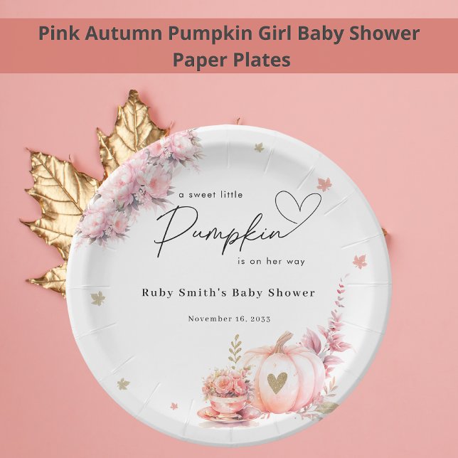 Pink Fall Pumpkin Flowers Leafs Girl Baby Shower Paper Plate (Creator Uploaded)