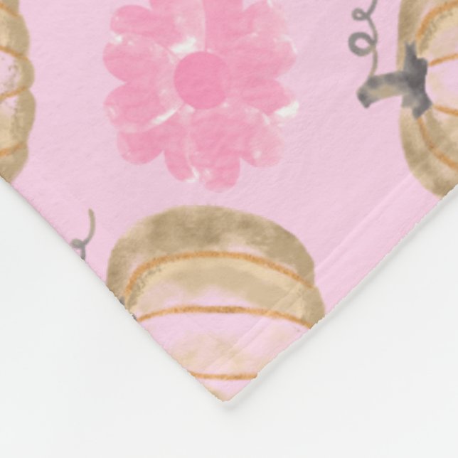 Pink Fall Pumpkins and Flowers Fleece Blanket (Corner)
