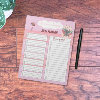 Pink Family Meal Planner Notepad with Koala