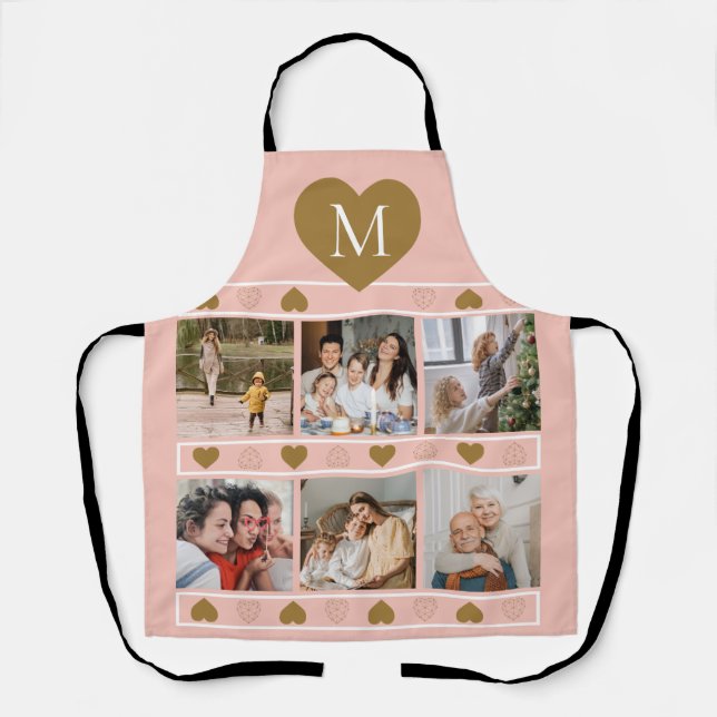 Pink Family Photo Collage with Gold Heart Monogram Apron (Front)