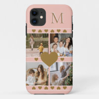 Pink Family Photo Collage with Gold Heart Monogram