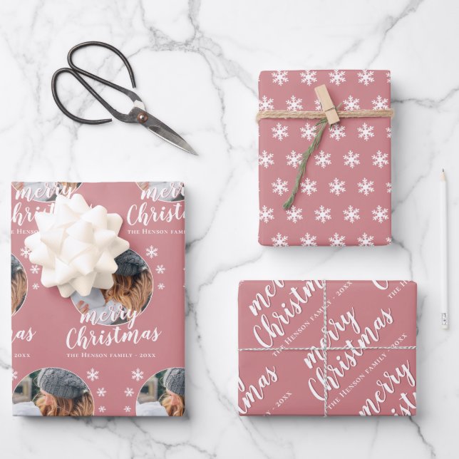 Pink Family Photo Snowflake Merry Christmas  Wrapping Paper Sheet (Front)