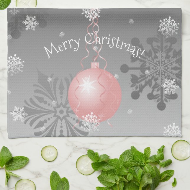 Pink Fancy Christmas Ornament Kitchen Towel (Folded)