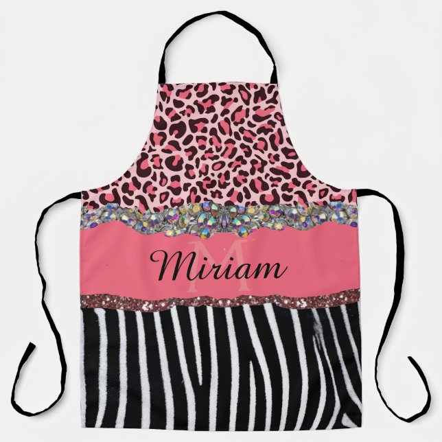 Pink Fancy Glitter Girly Leopard Print Elegant Apron (Front)