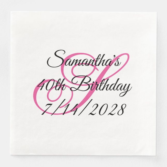 Pink Fancy Monogram 40th Birthday Napkin (Front)