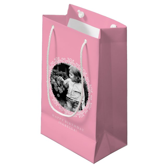 Pink Fancy Swirls Photo Frame Small Gift Bag (Front Angled)
