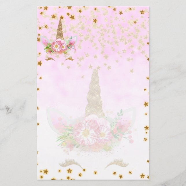 Pink Fantasy and Golden Stars Unicorn Stationery (Front)