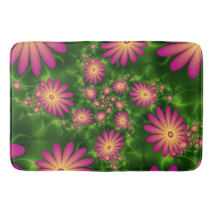 Pink Fantasy Flowers Modern Abstract Fractal Art Bath Mat