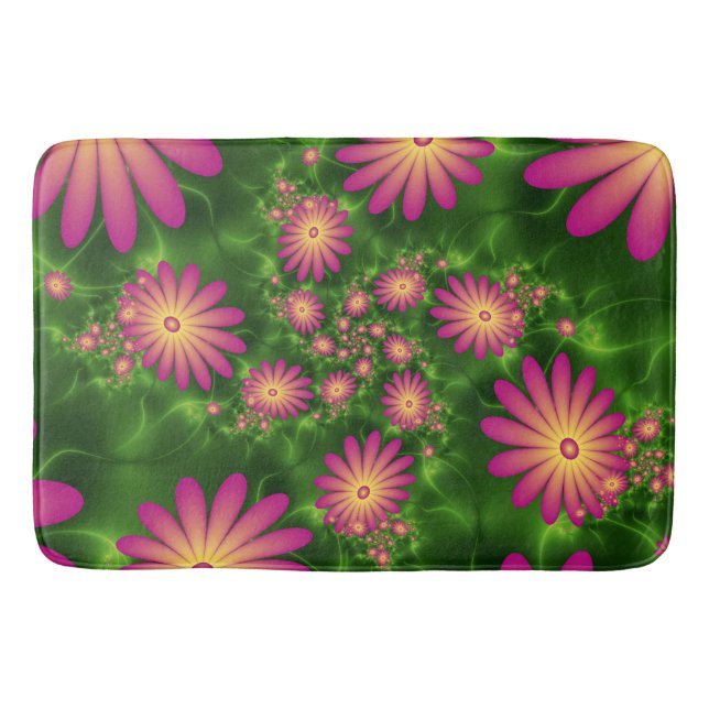 Pink Fantasy Flowers Modern Abstract Fractal Art Bath Mat (Front)