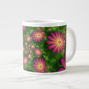 Pink Fantasy Flowers Modern Abstract Fractal Art Large Coffee Mug