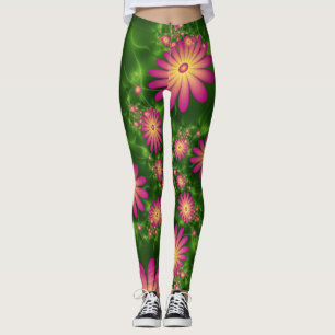 Pink Fantasy Flowers Modern Abstract Fractal Art Leggings