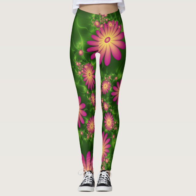 Pink Fantasy Flowers Modern Abstract Fractal Art Leggings (Front)