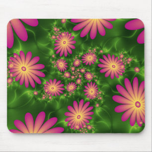 Pink Fantasy Flowers Modern Abstract Fractal Art Mouse Mat