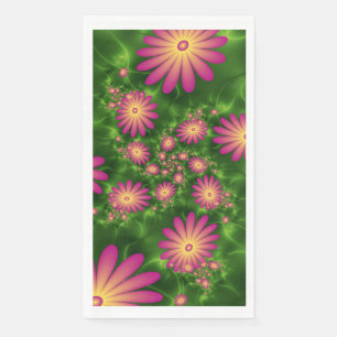 Pink Fantasy Flowers Modern Abstract Fractal Art Napkin