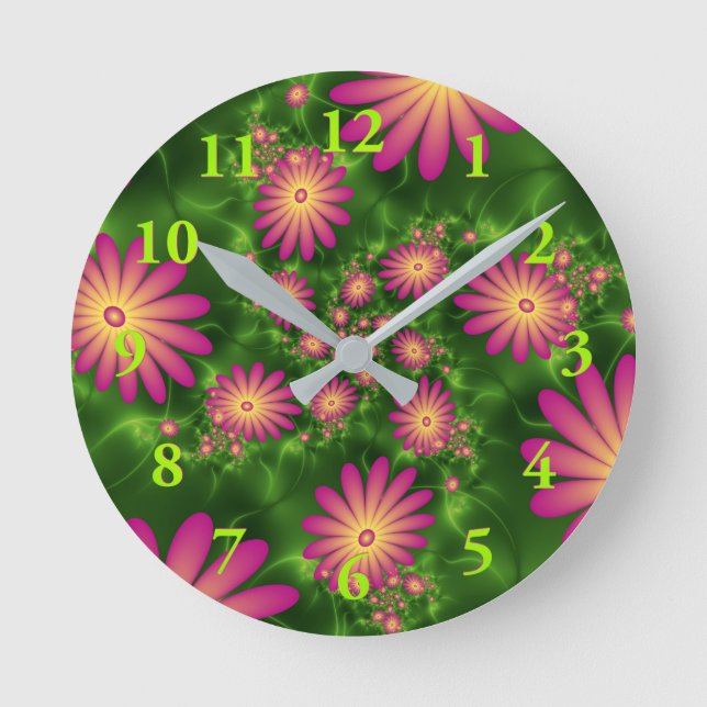 Pink Fantasy Flowers Modern Abstract Fractal Art Round Clock (Front)