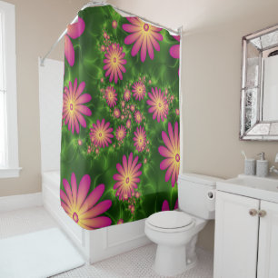 Pink Fantasy Flowers Modern Abstract Fractal Art Shower Curtain