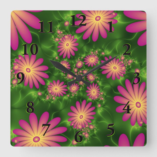 Pink Fantasy Flowers Modern Abstract Fractal Art Square Wall Clock (Front)