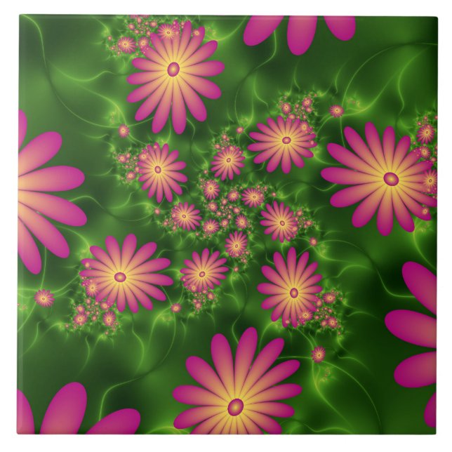 Pink Fantasy Flowers Modern Abstract Fractal Art Tile (Front)