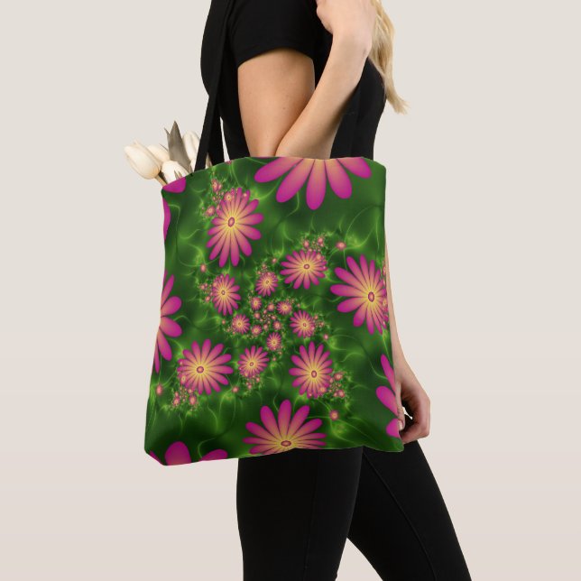 Pink Fantasy Flowers Modern Abstract Fractal Art Tote Bag (Close Up)