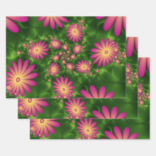 Pink Fantasy Flowers Modern Abstract Fractal Art Wrapping Paper Sheet