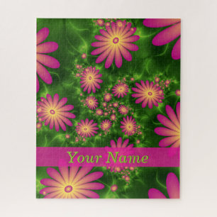 Pink Fantasy Flowers Modern Abstract Fractal Name Jigsaw Puzzle