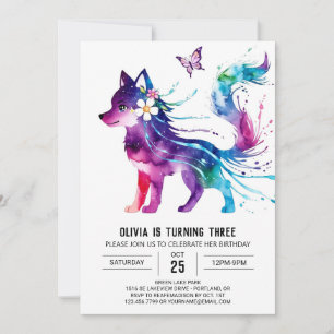 Pink Fantasy Wolf Digital Girl Birthday Invitation