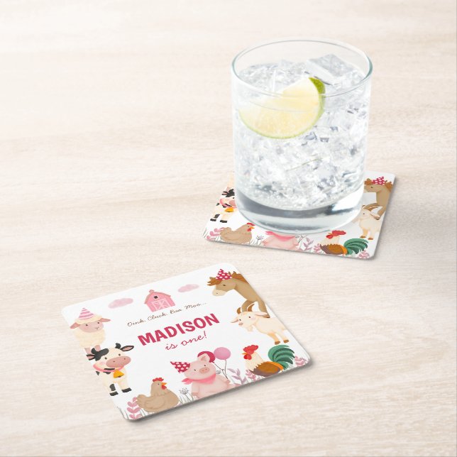 Pink Farm Animal Barn Themed Birthday Party Square Paper Coaster (Insitu)