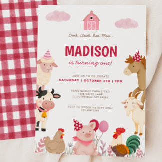 Pink Farm Animal Barnyard First Birthday Party Invitation