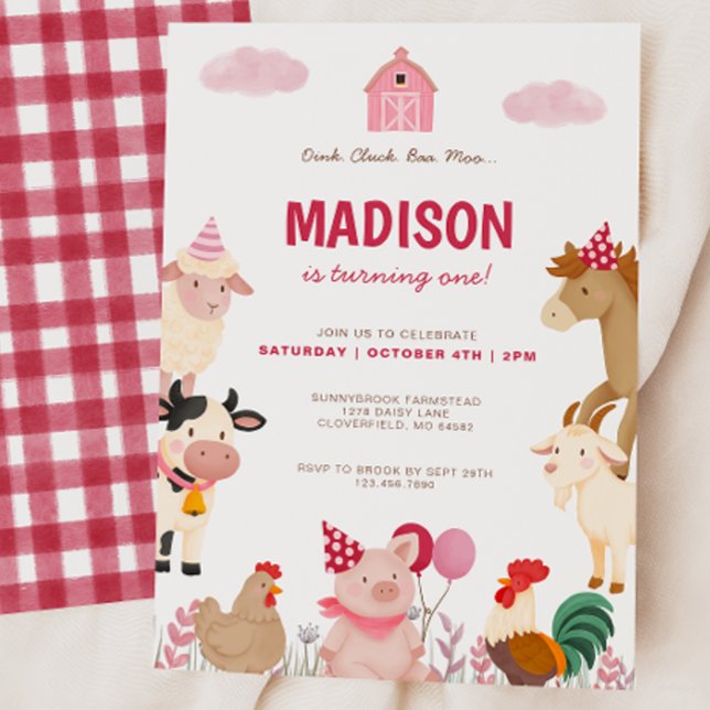 Pink Farm Animal Barnyard First Birthday Party Invitation (Creator Uploaded)