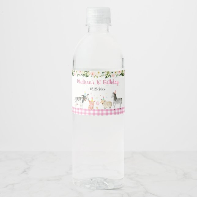 Pink Farm Animal Floral Birthday Water Bottle Label (Front)