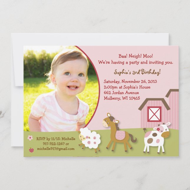 Pink Farm Animal Girl Photo Birthday Invitation (Front)