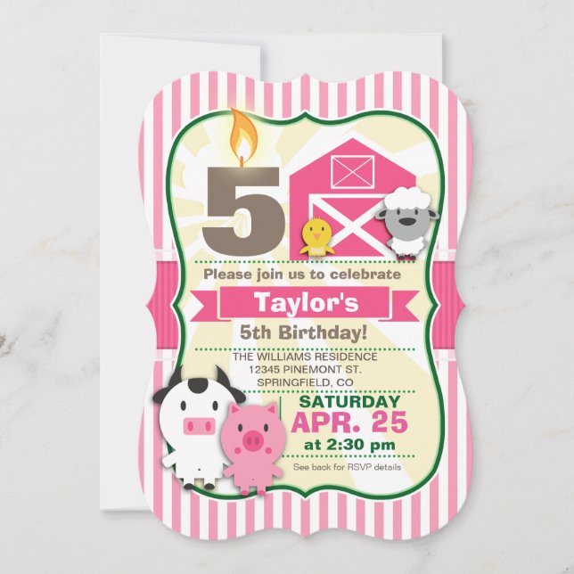 Pink Farm Animal, Girl's Birthday Party Invitation (Front)