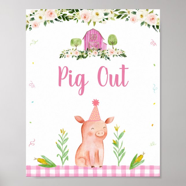 Pink Farm Animal Pig Out Birthday Food Sign (Front)