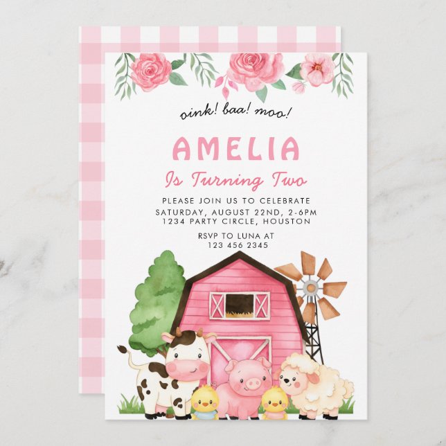 pink Farm Animals 2nd Birthday Party girl Invitation (Front/Back)