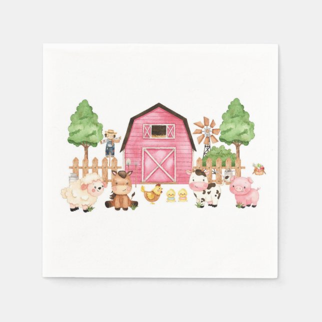 Pink Farm Animals Baby Shower Napkin (Front)