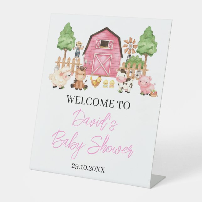Pink Farm Animals Baby Shower  Pedestal Sign (Front)