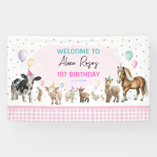 Pink Farm Animals Balloons Girl Birthday Party Banner