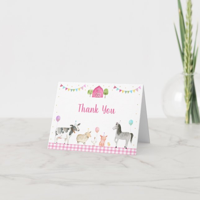Pink Farm Animals Barnyard Birthday Thank You Card (Front)