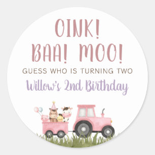 Pink Farm Animals Birthday Classic Round Sticker