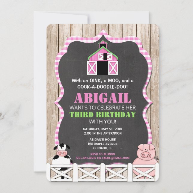 Pink farm animals birthday invitations for girl (Front)
