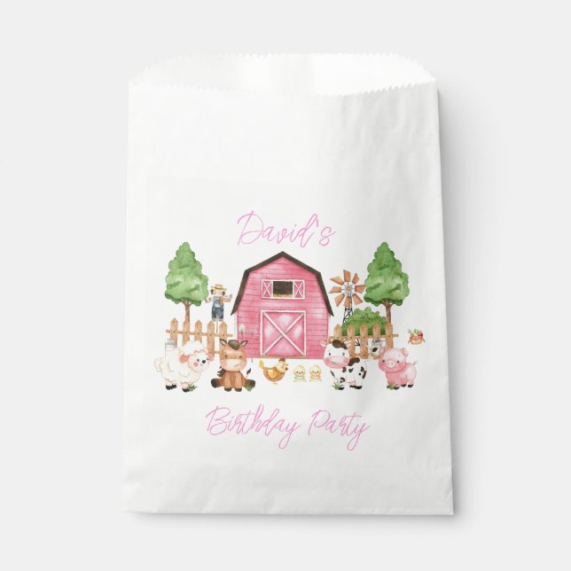 Pink Farm Animals Birthday Party Favour Bags (Front)